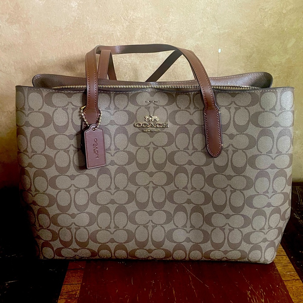 Coach F79987 Signature Avenue Tote Khaki Brown Coated Canvas Business Handbag